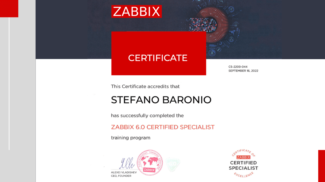 Il nostro tecnico sistemista Stefano, insieme a Monitoro, ha ottenuto il riconoscimento “ZABBIX CERTIFIED SPECIALIST”